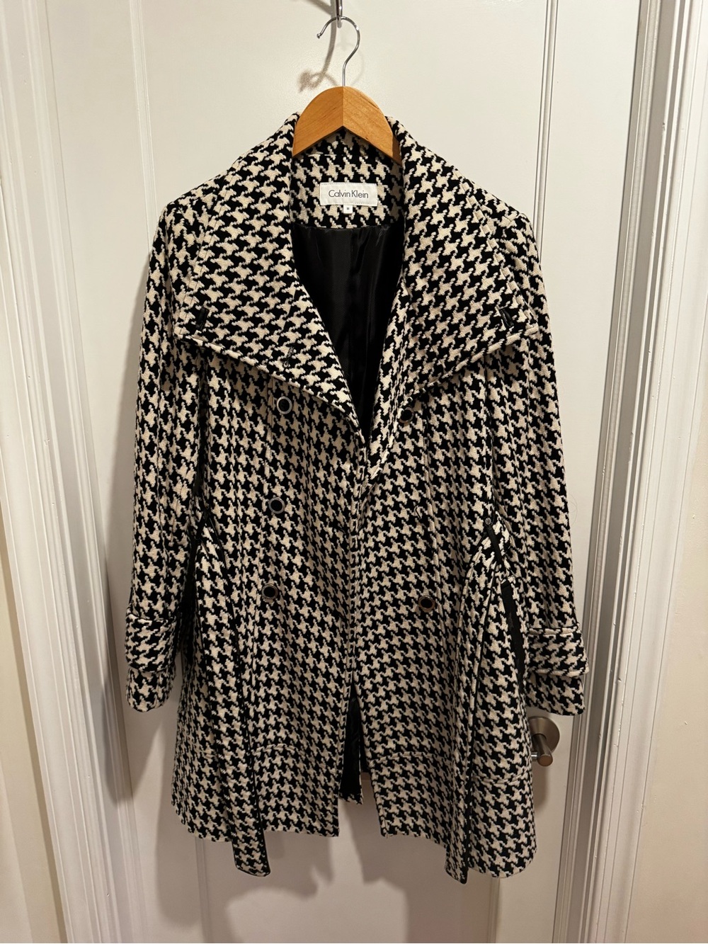 Calvin Klein Black and White Houndstooth Double-Breasted Pea Coat